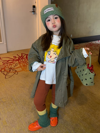Girls Mid-Length Trench Coat, Top & Leggings Set - Korean Autumn Separates