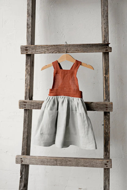 Girls Nordic Linen Pinafore Dress - Contrast-Strap Custom Colour