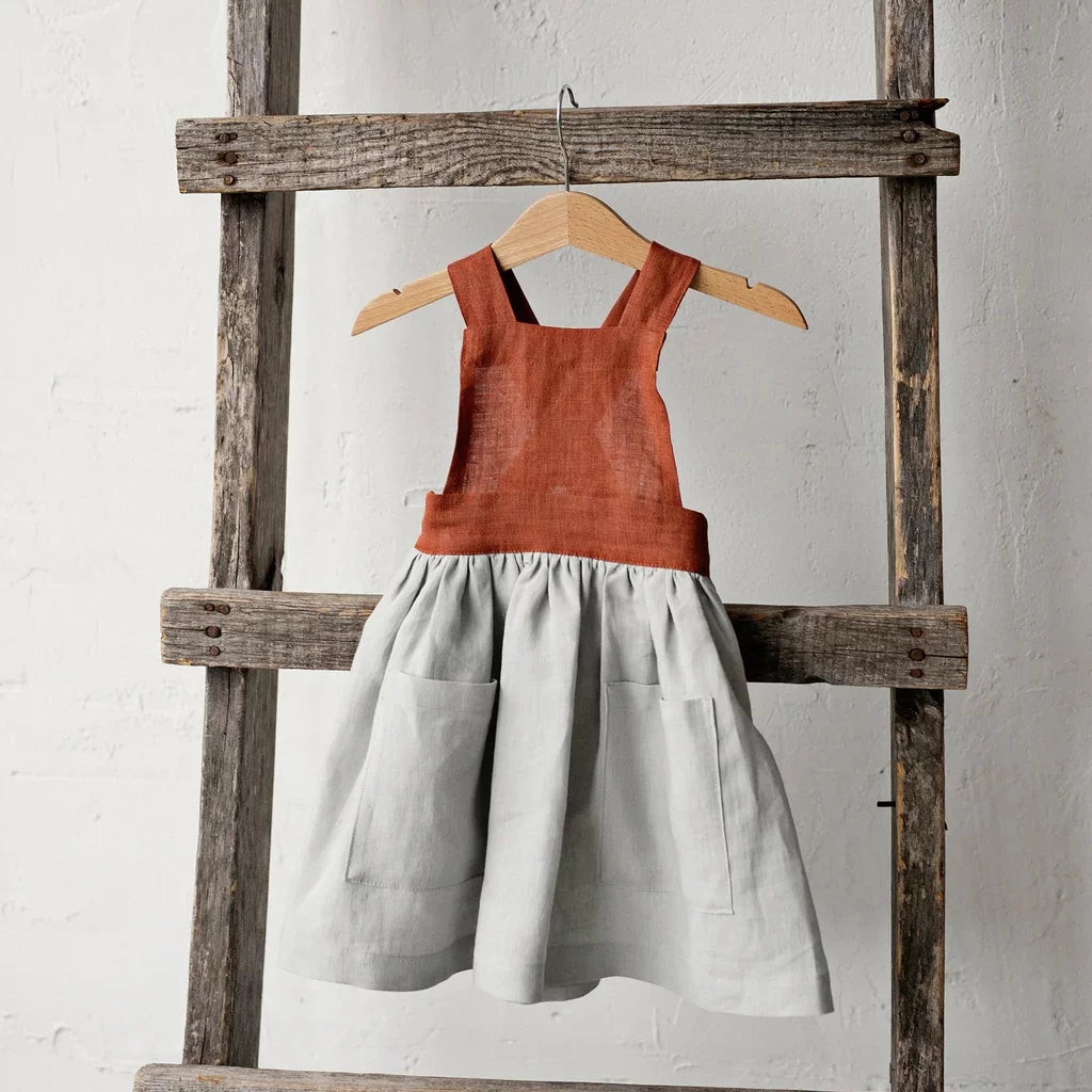 Girls Nordic Linen Pinafore Dress - Contrast-Strap Custom Colour