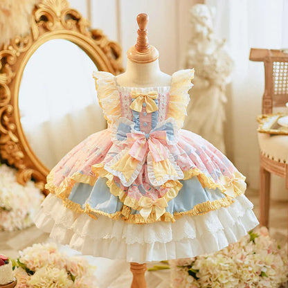 Girls Short-Sleeve Lolita Cake Dress - Pink Birthday Puff Gown