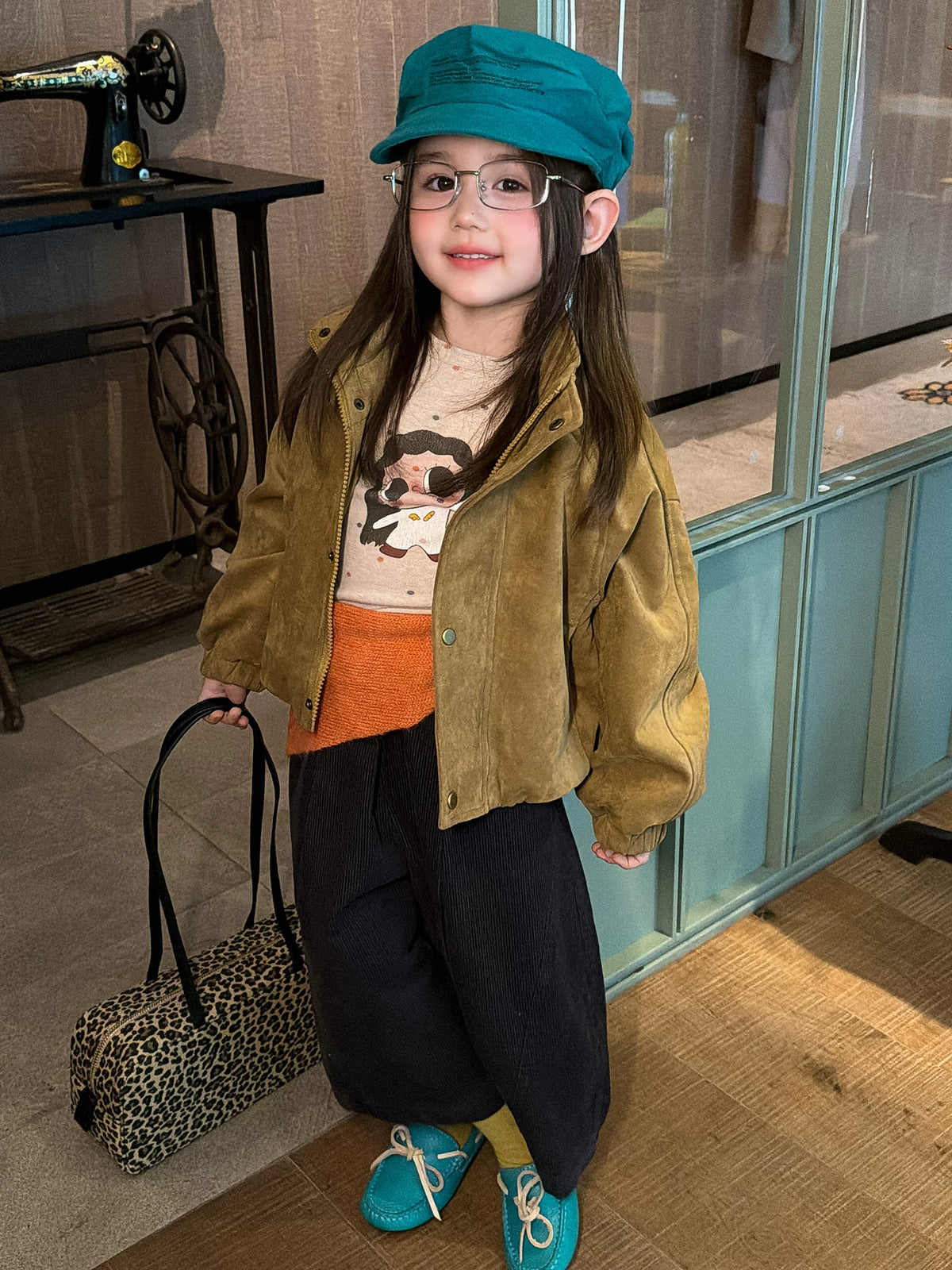 Girls Stand-Collar Suede Zip Jacket & Corduroy Pants Set - Korean Autumn Separates