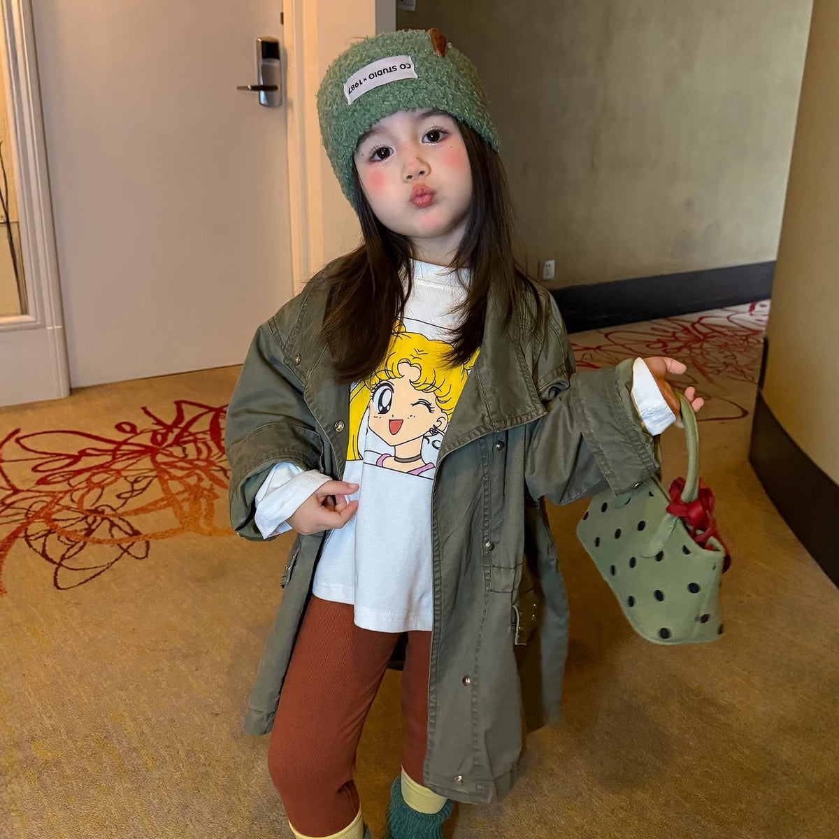 Girls Mid-Length Trench Coat, Top & Leggings Set - Korean Autumn Separates