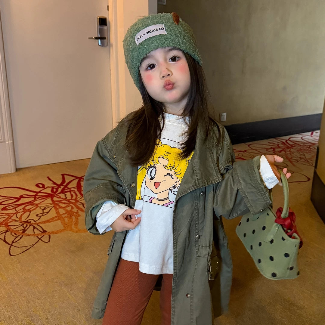 Girls Mid-Length Trench Coat, Top & Leggings Set - Korean Autumn Separates