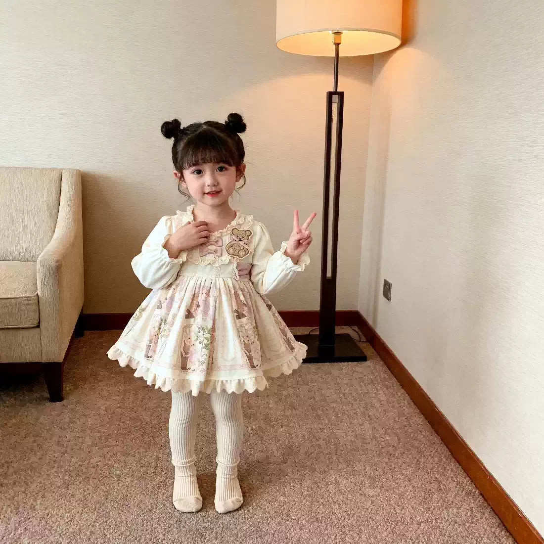 Girls Apricot Fleece-Lined Lolita Dress - Sweet Birthday Princess Gown with Leggings Options