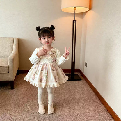 Girls Apricot Fleece-Lined Lolita Dress - Sweet Birthday Princess Gown with Leggings Options
