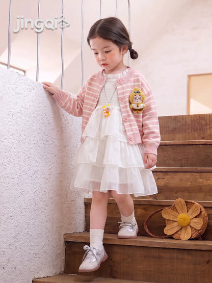 Girls Knit Cardigan and Princess Dress Set - Striped Autumn Two-Piece