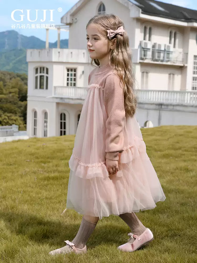 Girls Mesh-Overlay Knit Dress - Soft Tulle Princess Dress
