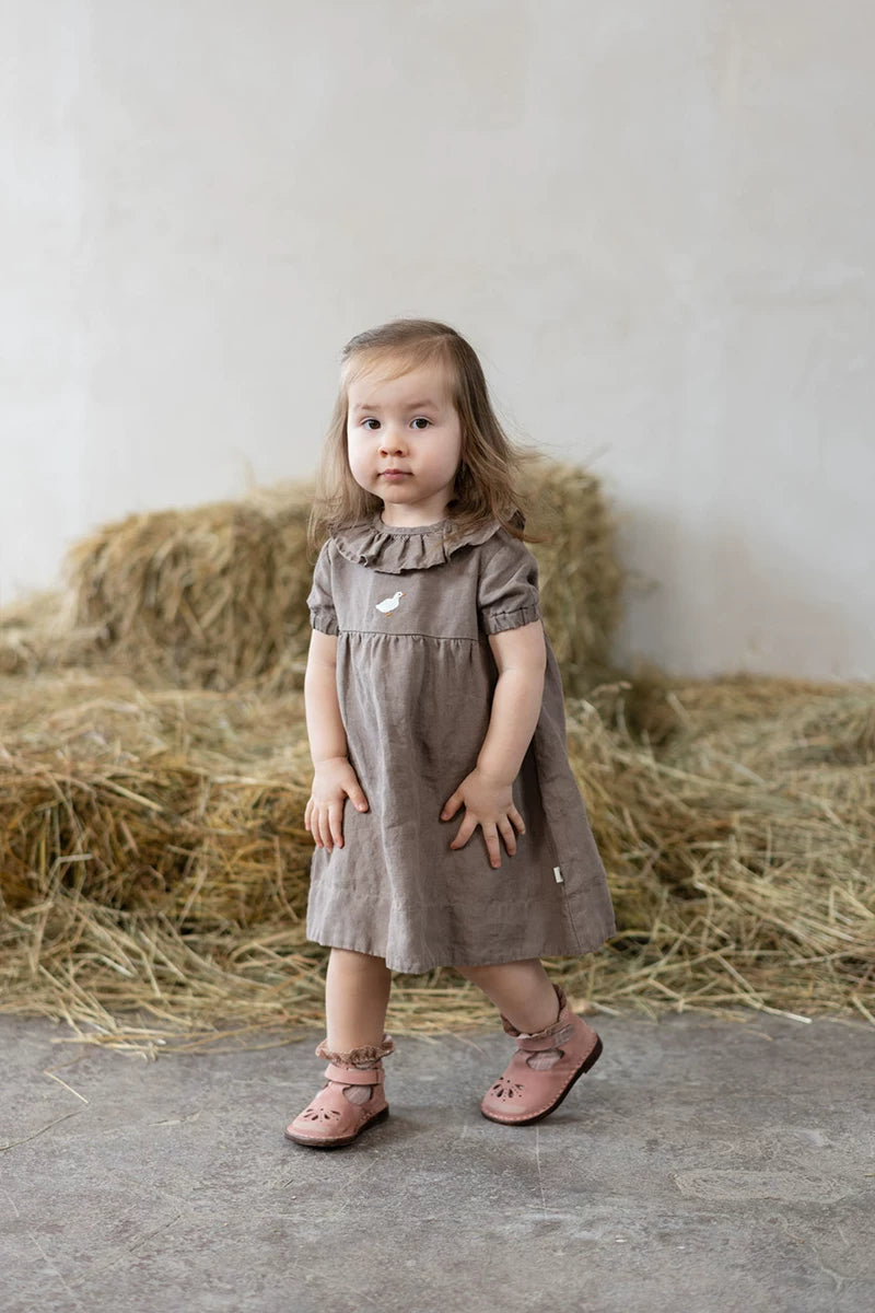 Girls Nordic Linen Dress with Ruffle Collar - Alice Embroidery Short Sleeve