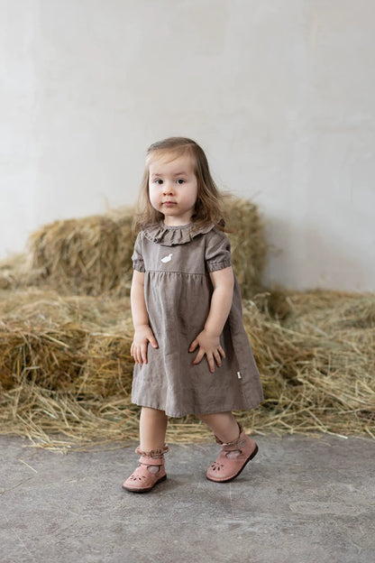 Girls Nordic Linen Dress with Ruffle Collar - Alice Embroidery Short Sleeve