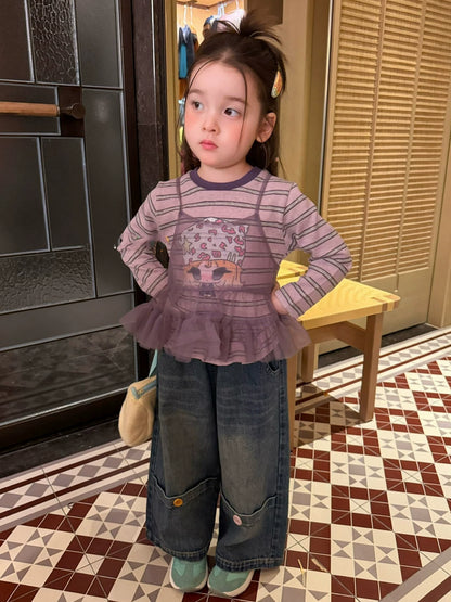 Girls Taro-Purple Layered Top & Jeans Set - Ruffle-Hem Autumn Separates