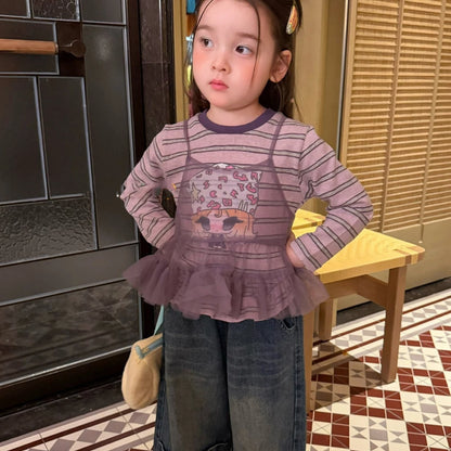 Girls Taro-Purple Layered Top & Jeans Set - Ruffle-Hem Autumn Separates