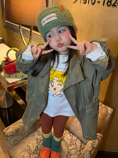 Girls Mid-Length Trench Coat, Top & Leggings Set - Korean Autumn Separates