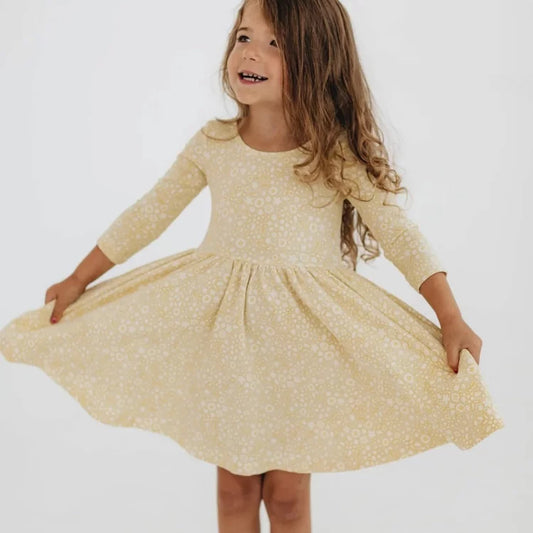Girls Nordic Linen Dress - Yellow Floral Long-Sleeve