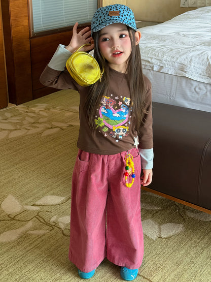 Girls Cartoon Tee & Corduroy Wide-Leg Pants Set with Charm - Korean Autumn Two-Piece
