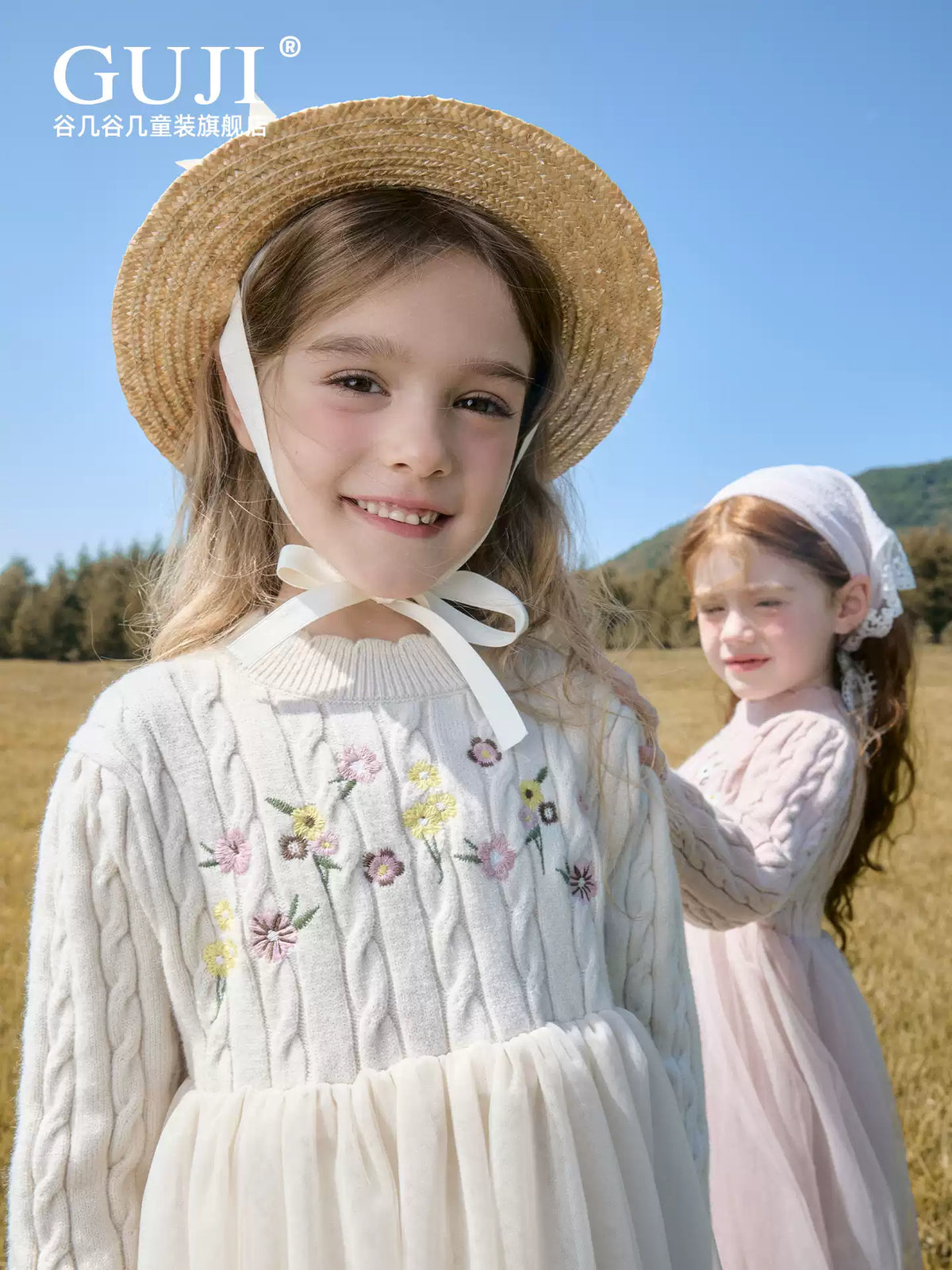 Girls Princess Mesh Knit Dress - Embroidered Winter Sweater Dress