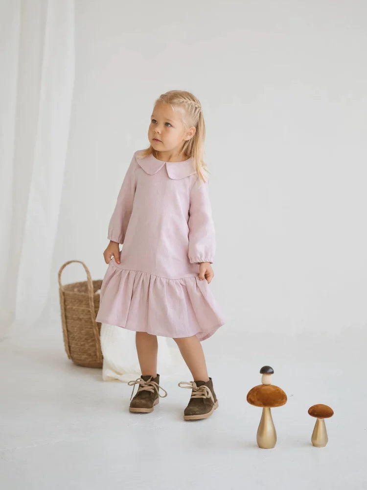 Girls Nordic Linen Dress - Everyday Pink Long-Sleeve
