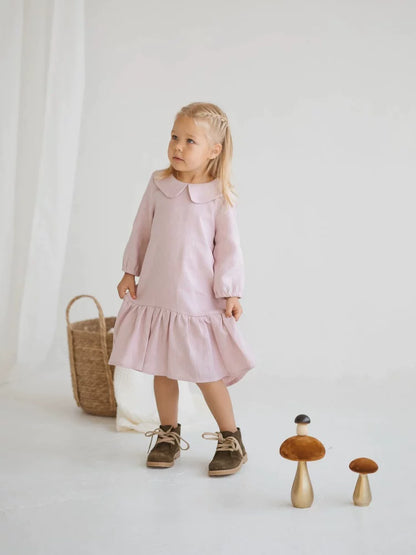 Girls Nordic Linen Dress - Everyday Pink Long-Sleeve