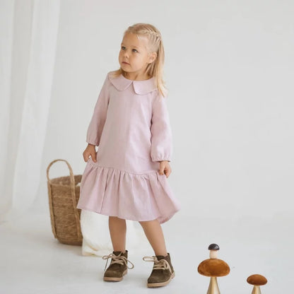 Girls Nordic Linen Dress - Everyday Pink Long-Sleeve