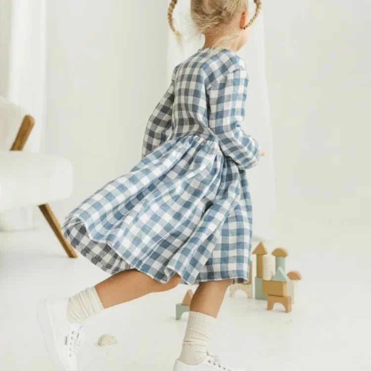 Girls Nordic Linen Dress - Blue-White Gingham Autumn
