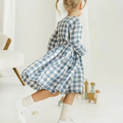Girls Nordic Linen Dress - Blue-White Gingham Autumn