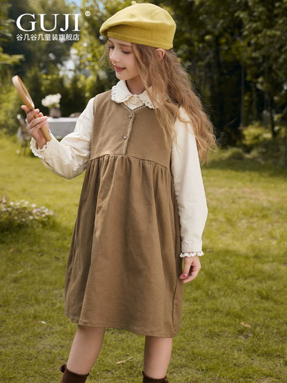 Girls Retro Pinafore Dress - Forest-Style Long suspender Skirt