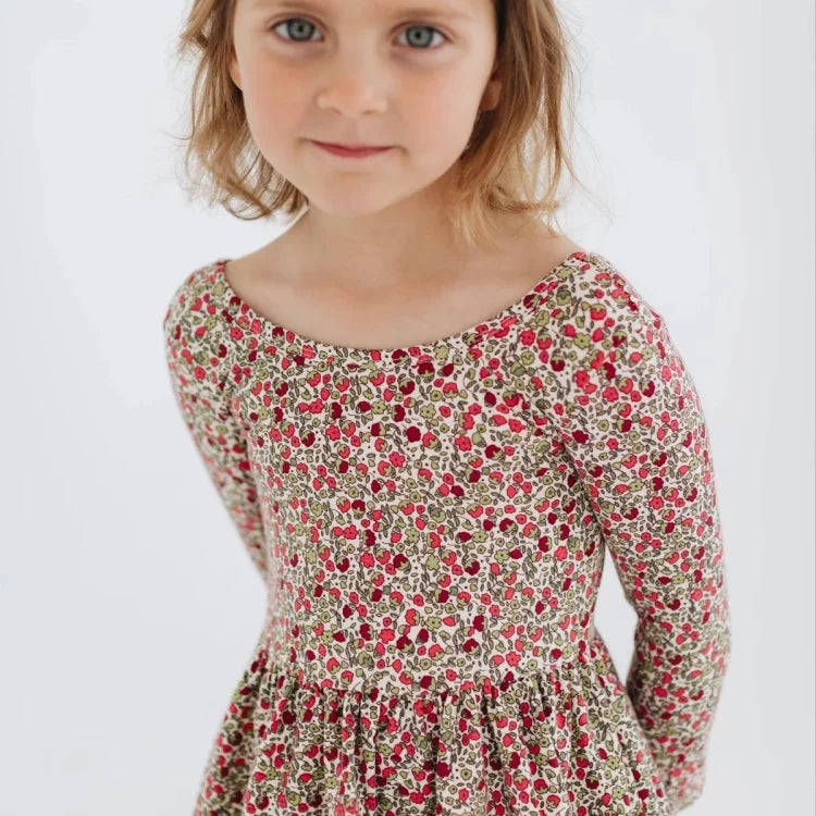 Girls Nordic Linen Dress - Crimson Floral Long-Sleeve
