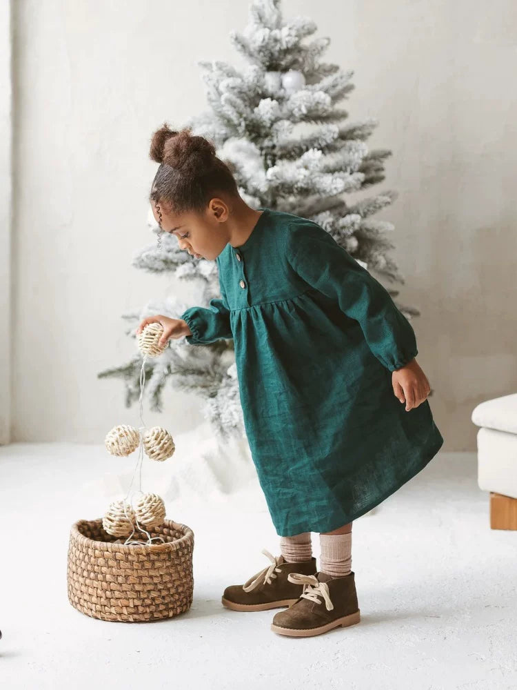 Girls Nordic Linen Dress - Euro-Style Deep Green