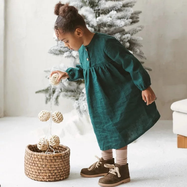 Girls Nordic Linen Dress - Euro-Style Deep Green