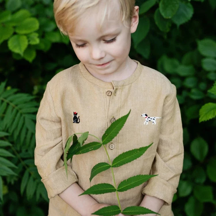 Kids Nordic Linen Shirt - Yellow Embroidered Long-Sleeve