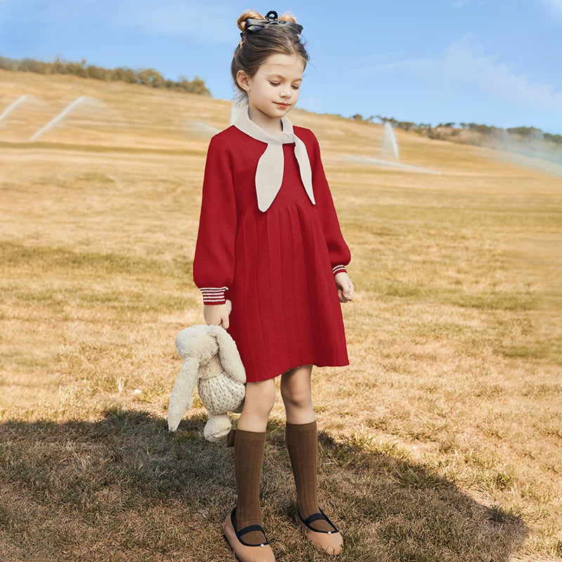 Girls Preppy Knit Dress - Long-Sleeve Princess Sweater Dress