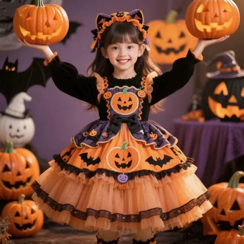 Girls Halloween Pumpkin Lolita Dress - Fleece-Lined Puffy Princess Gown