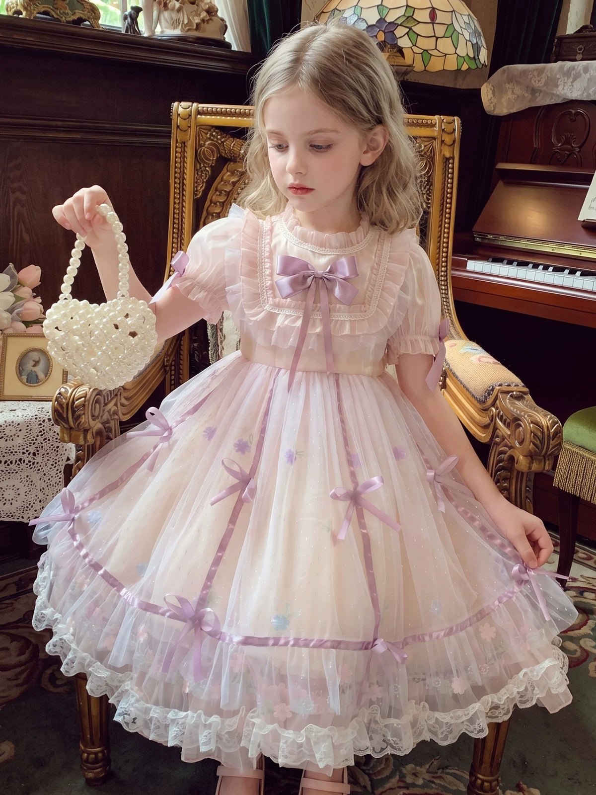 Girls Lolita Puff-Sleeve Dress - Layered Tulle Princess Gown