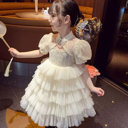 Girls Tulle Cake Dress - Puffy Princess Gown in Apricot