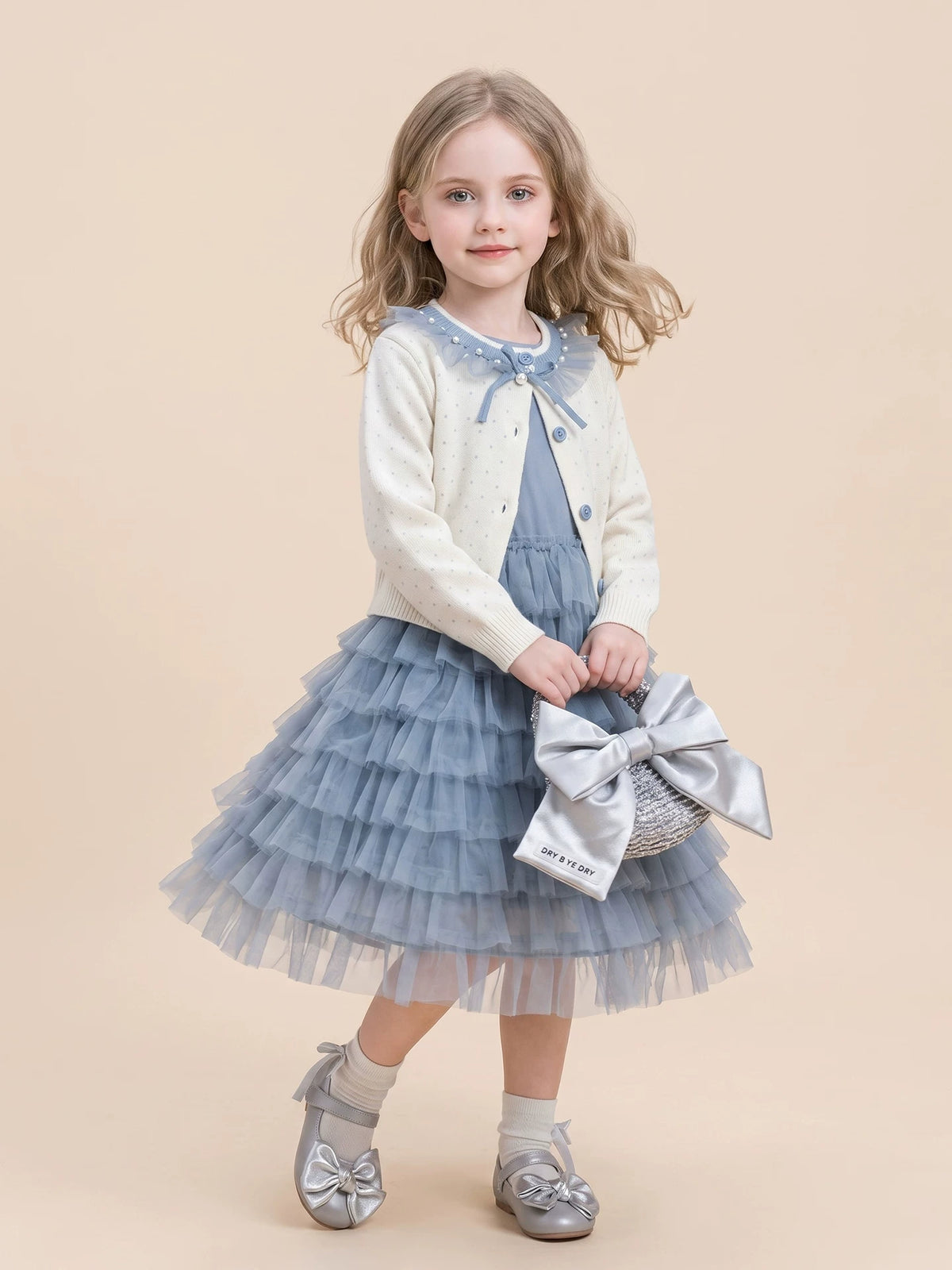 Girls Knit Cardigan & Tulle Skirt Set - Blue Korean Two-Piece