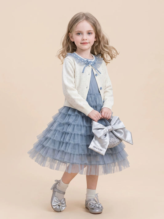 Girls Knit Cardigan & Tulle Skirt Set - Blue Korean Two-Piece