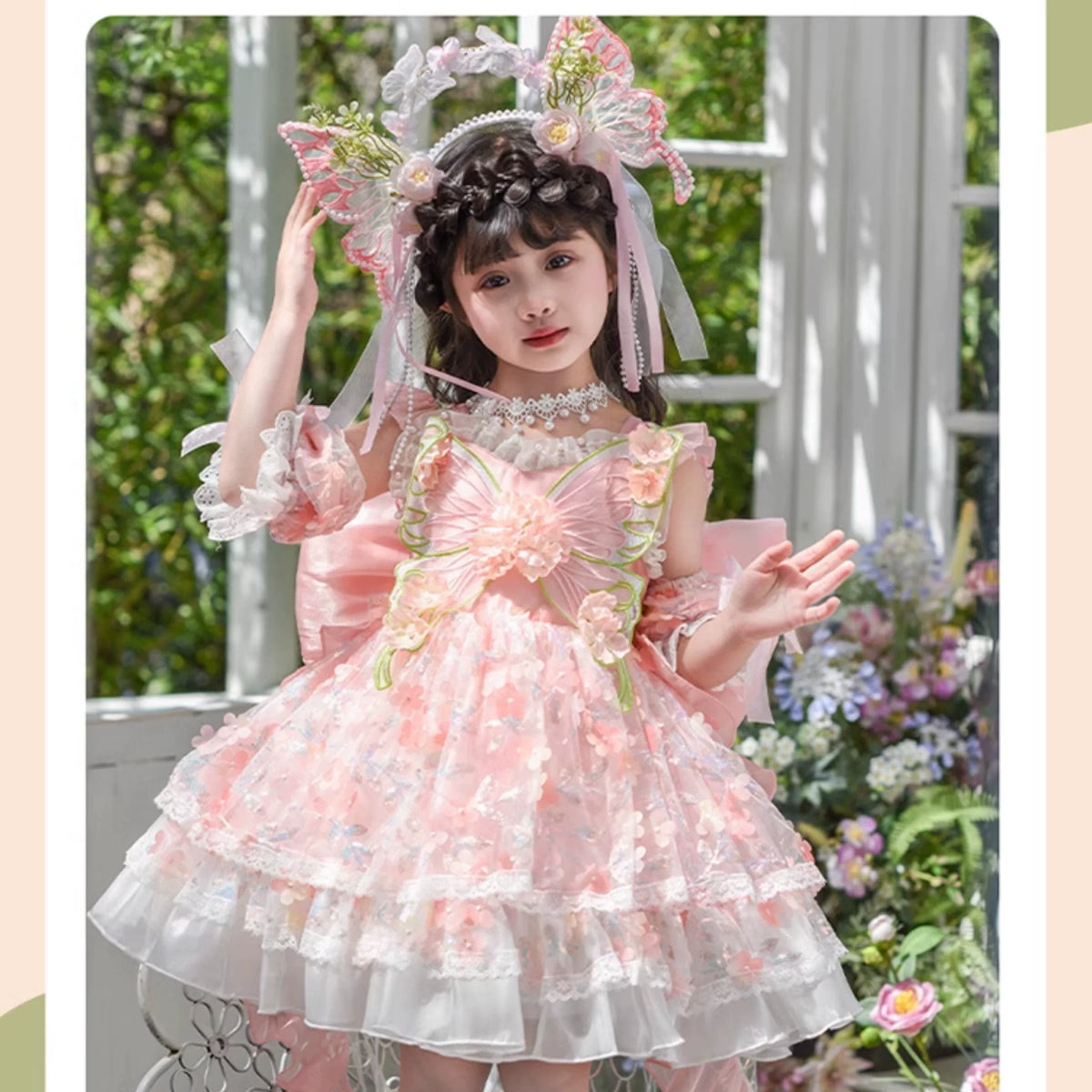 Girls Flower-Fairy Lolita Dress - Pink Gown with Train Option