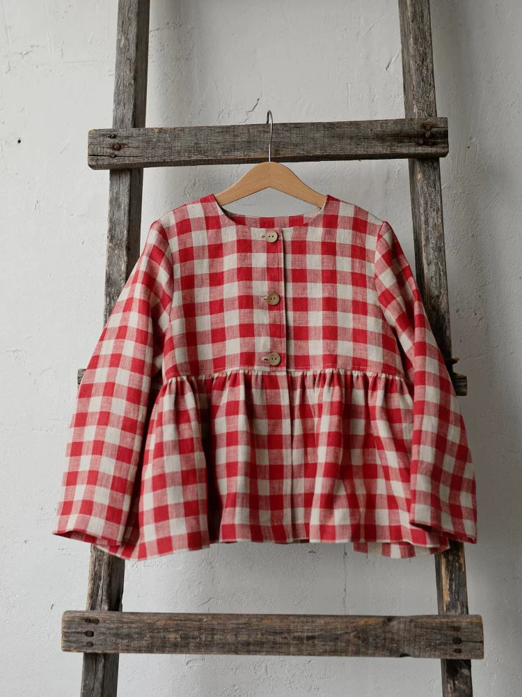 Girls Nordic Linen Dress - Pink Check Autumn