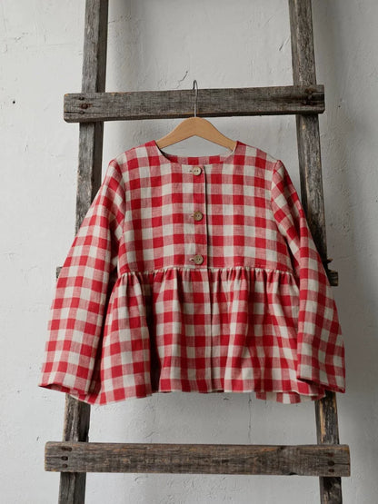 Girls Nordic Linen Dress - Pink Check Autumn