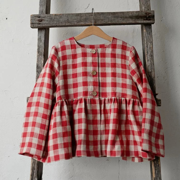Girls Nordic Linen Dress - Pink Check Autumn