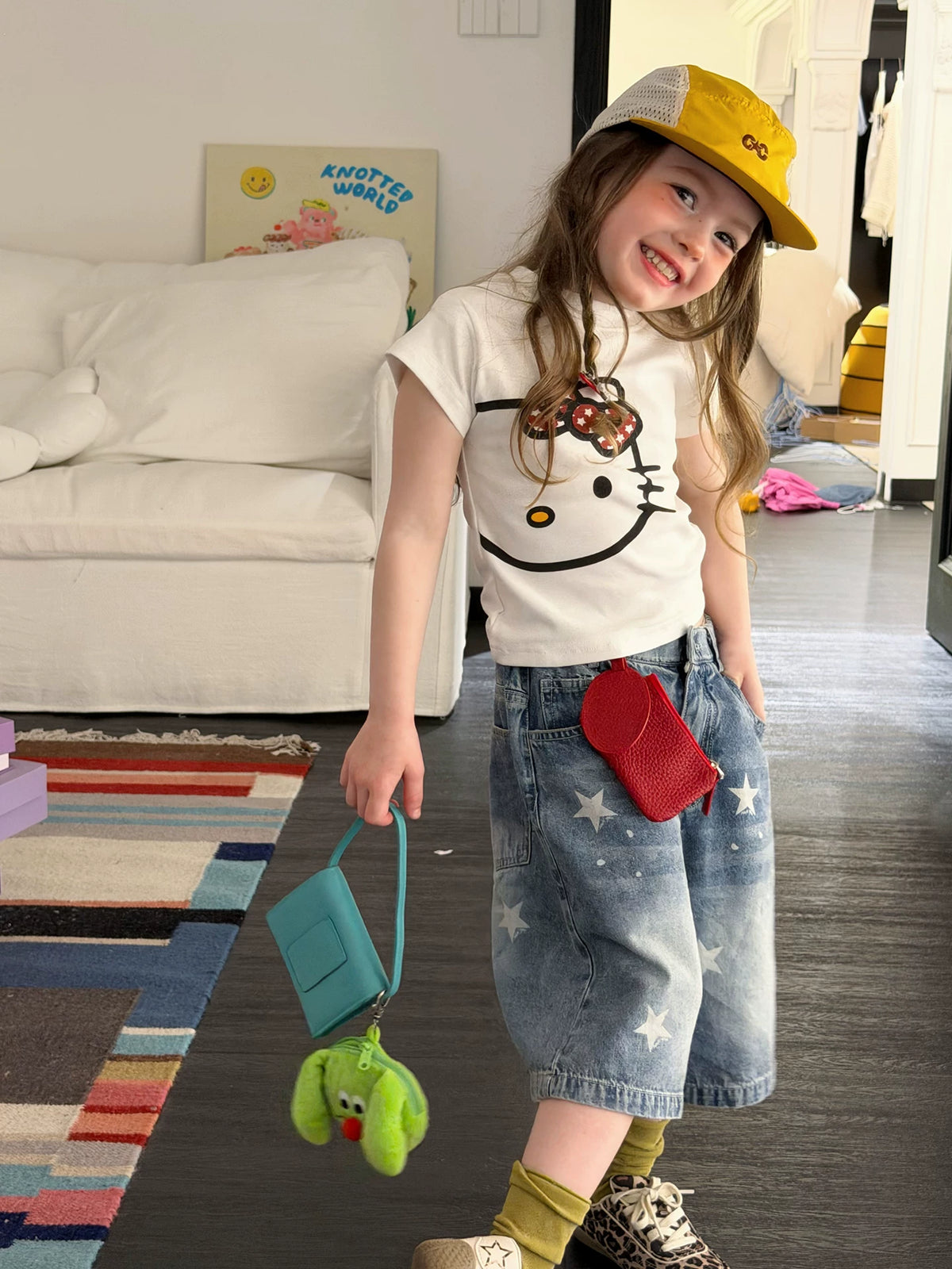 Girls Cartoon Tee & Star Denim Capri Set - Summer Mix & Match Outfit