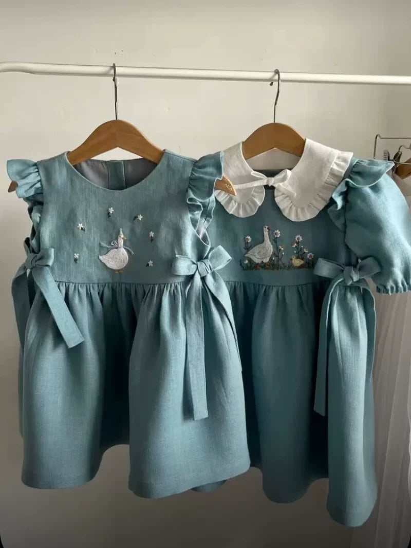 Pure Linen Sweet Sleeveless Dress - Custom Embroidered Summer