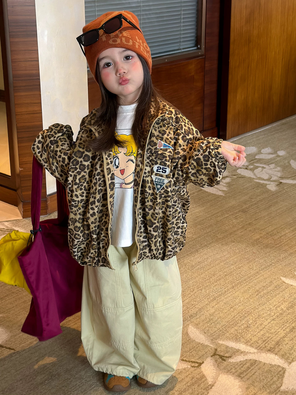 Girls Leopard Print Jacket Set - Retro Zip-Up Autumn Three-Piece