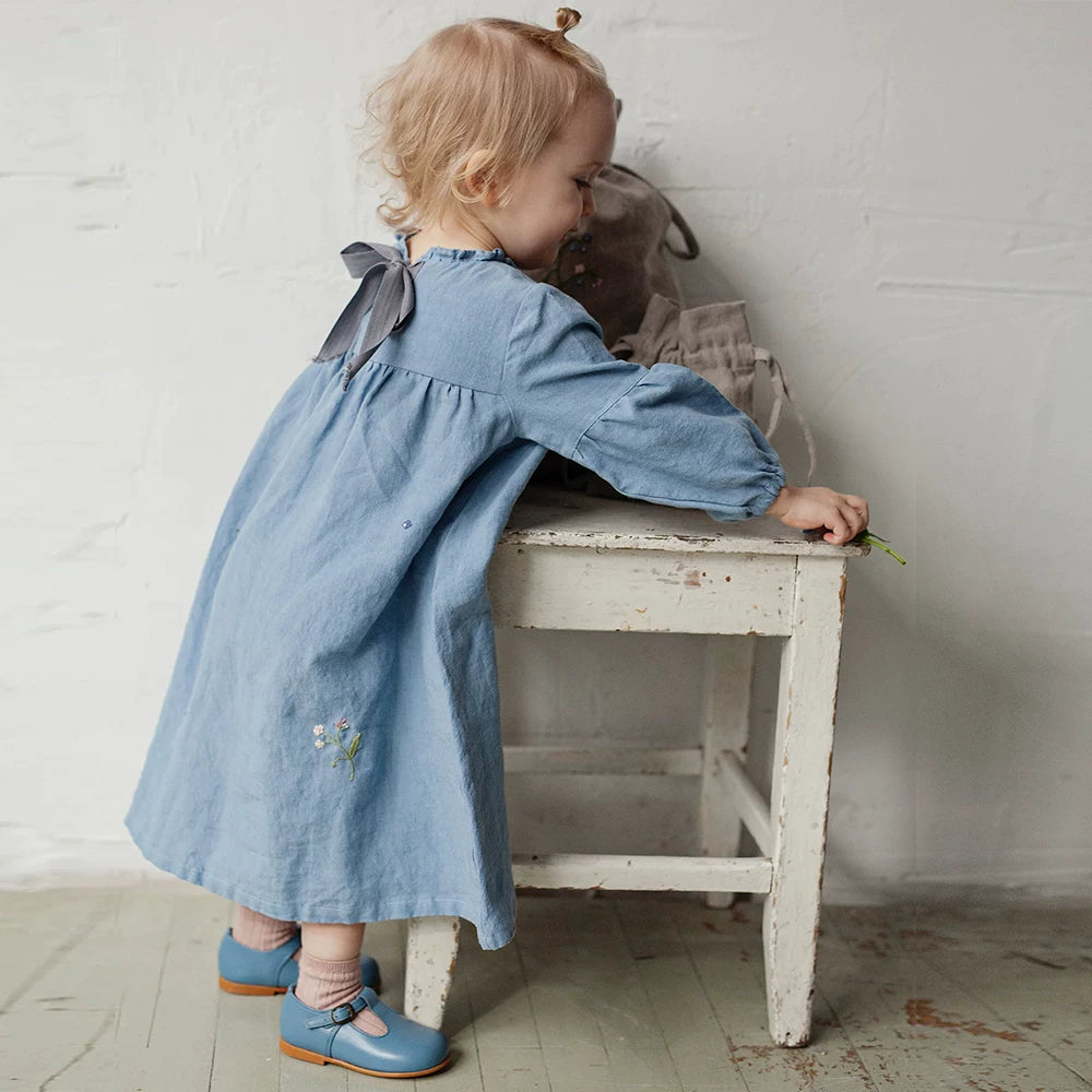 Belgian Linen Nordic Dress - Embroidered Long-Sleeve with Sash