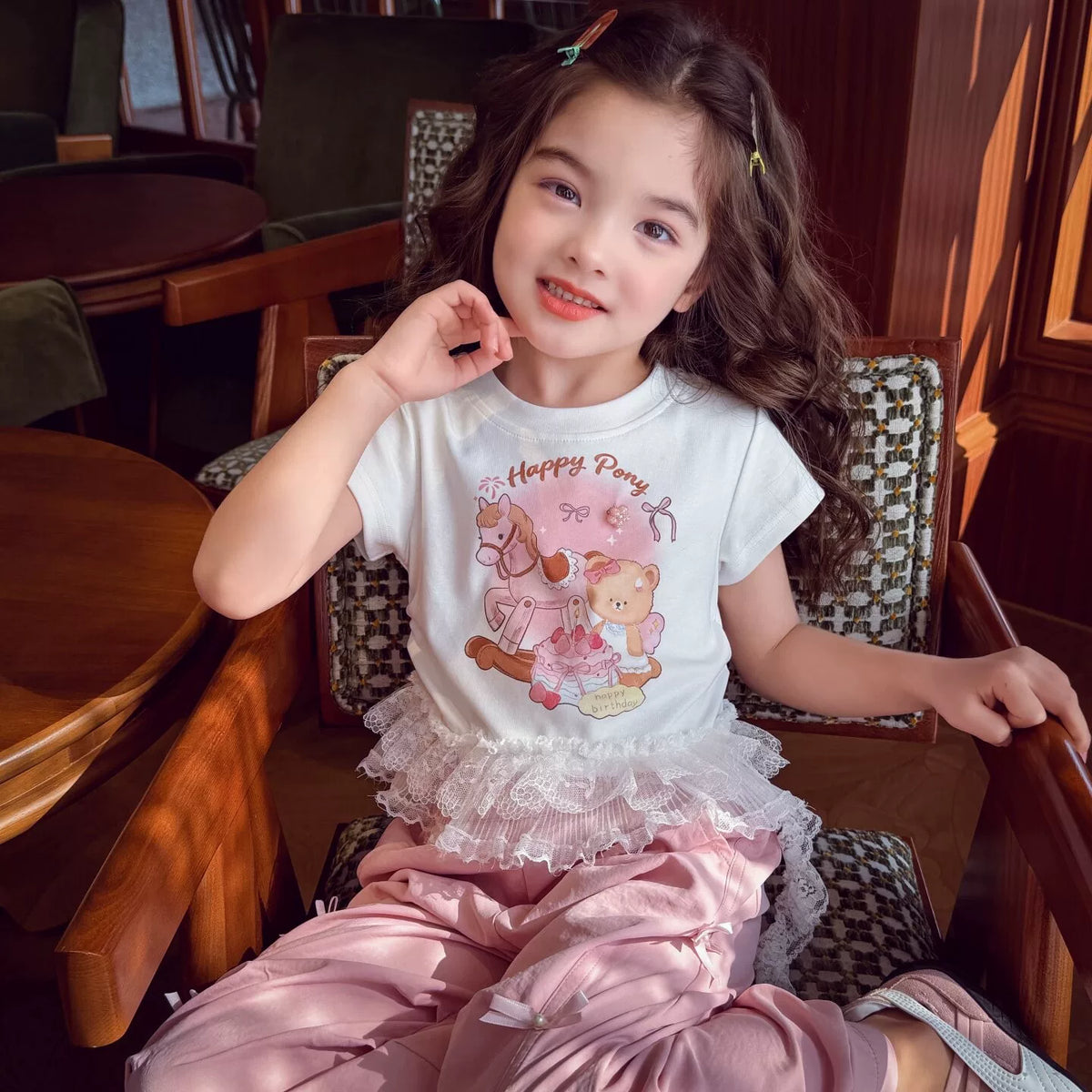 Girls Lace-Sleeve Cartoon Tee - Ballet-Style Summer Top