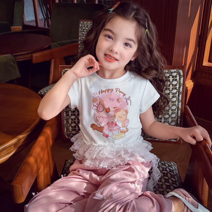Girls Lace-Sleeve Cartoon Tee - Ballet-Style Summer Top