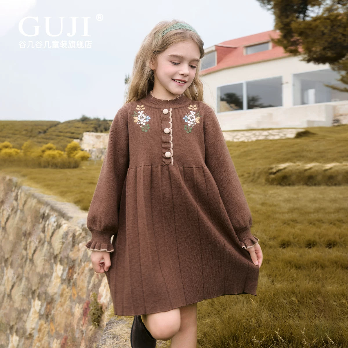 Girls Knit Princess Dress - Embroidered Autumn Long-Sleeve Gown