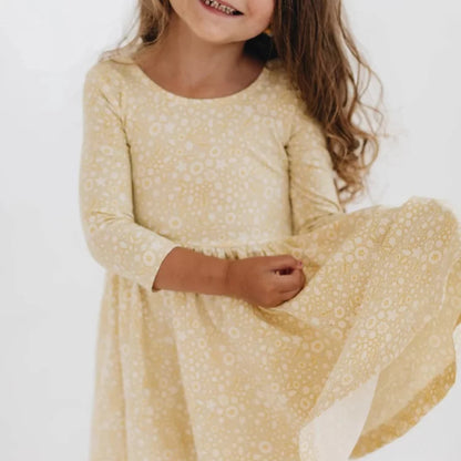 Girls Nordic Linen Dress - Yellow Floral Long-Sleeve