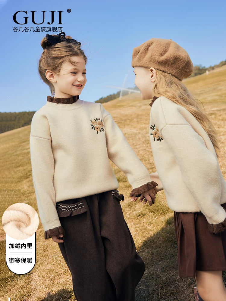 Girls Fleece-Lined Sweater - Cosy Ruffle-Trim Knit Pullover