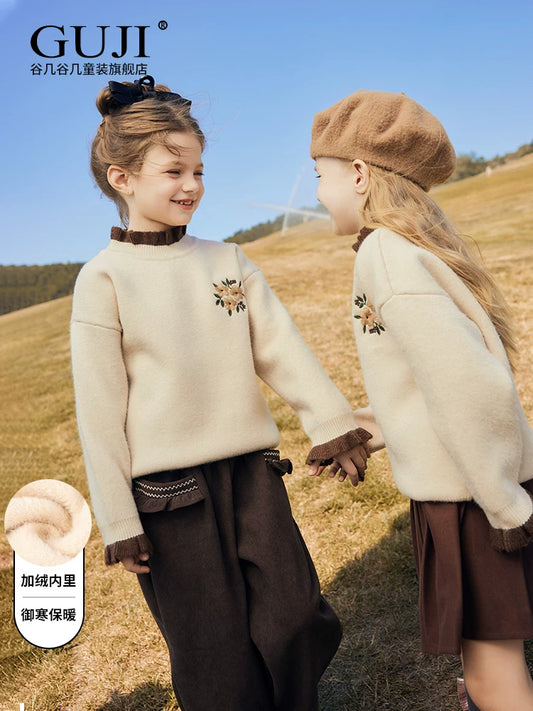 Girls Fleece-Lined Sweater - Cosy Ruffle-Trim Knit Pullover