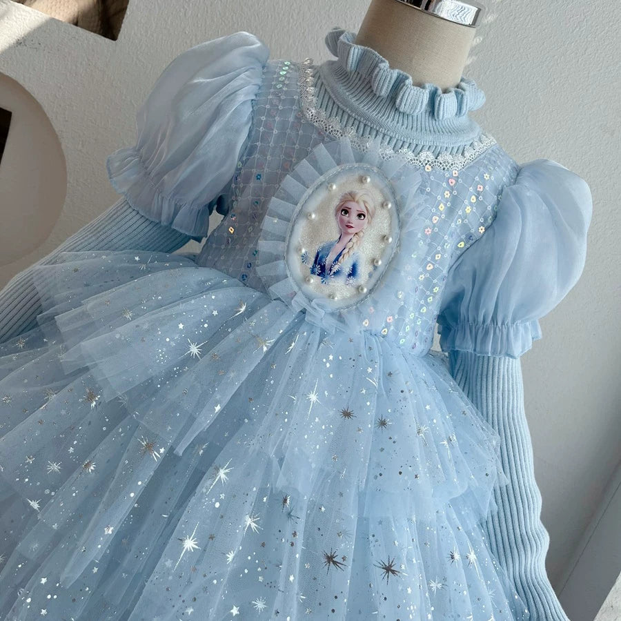 Girls Elsa-Blue Cake Dress - Fleece-Lined Birthday Princess Gown